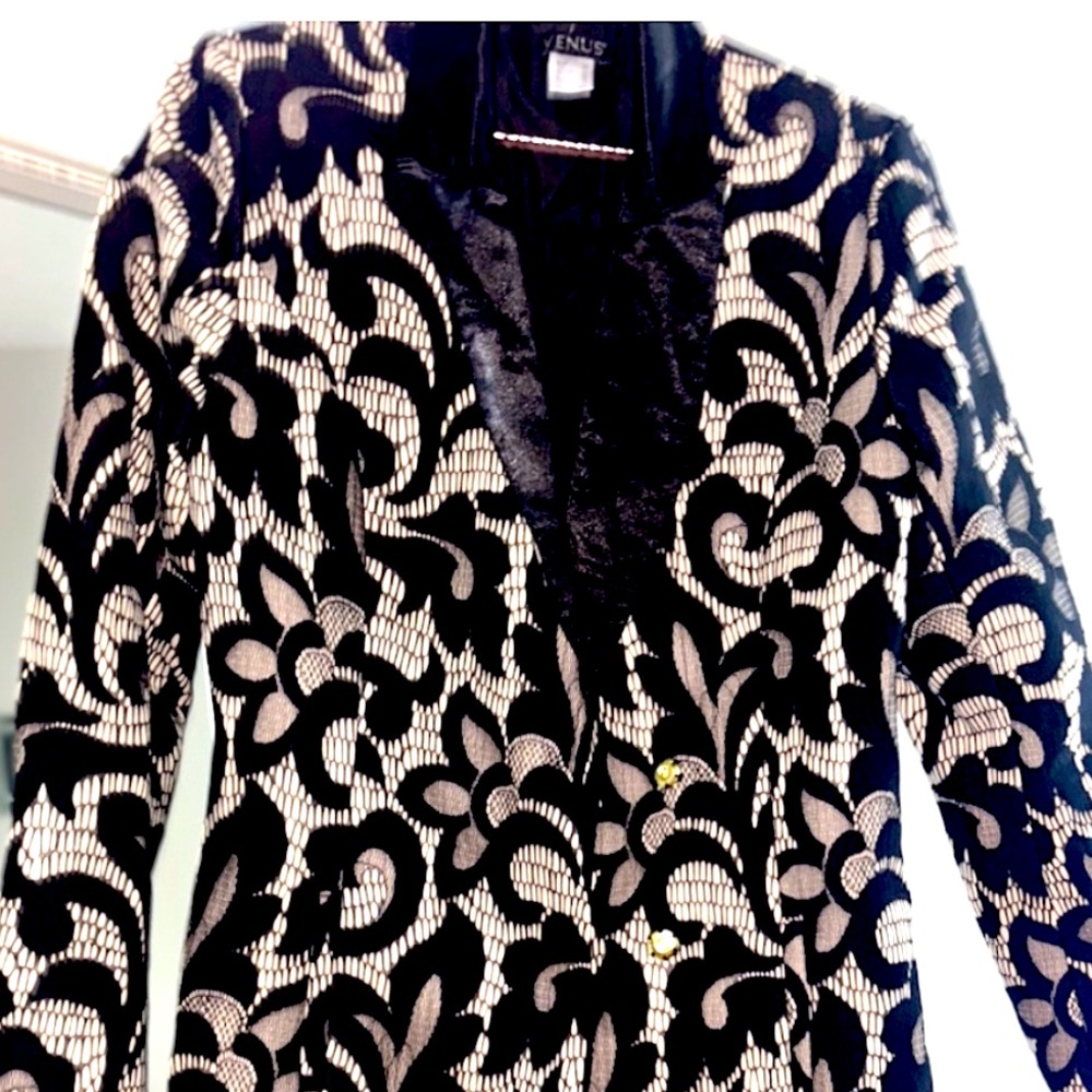 Venus Black & Gold Floral Brocade Long Peacoat - Size 8